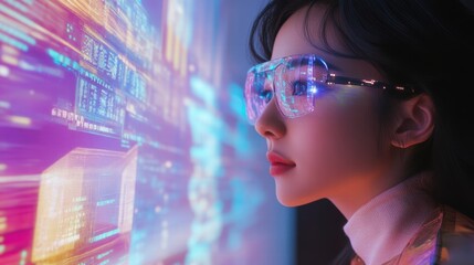woman in futuristic glasses viewing digital data stream