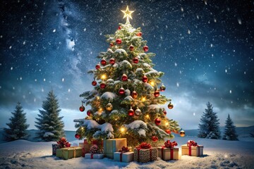 Obraz premium Beautifully decorated Christmas tree adorned with gifts in a snowy winter wonderland
