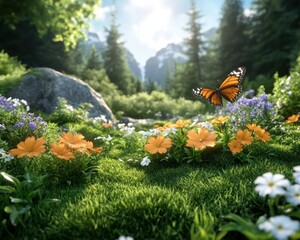 Experience a Vibrant meadow with dew-kissed grass shimmering in the morning sun, butterflies fluttering gracefully amidst a carpet of vivid wildflowers This nature scene captures an idyllic meadow