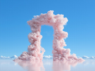 Pink cloud archway over reflective water against a blue sky