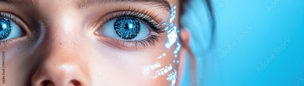 Poster experience the future of beauty with this close-up of a woman's eye adorned with futuristic face pai