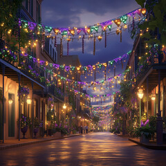 Vibrantly Decorated New Orleans Street with Mardi Gras Banners, Lights, and Beads During Nighttime Festival