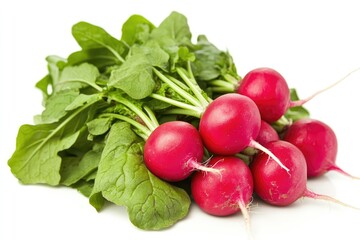 A cluster of bright red radishes with green leafy tops, isolated on a clean white backdrop