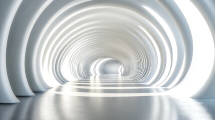 Monochromatic infinity tunnel with concentric circles, reflective textures, dramatic shadows, 3D render 