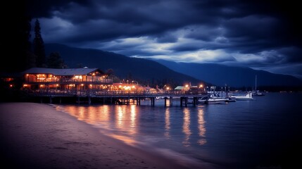 Lakeside Lodge Twilight Serene Night Scene at the Lake