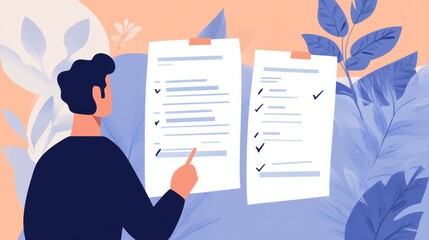 Businessman checking the steps through a virtual online document with a list of checkboxes Concepts of practices and policies, company articles of association Terms and Conditions