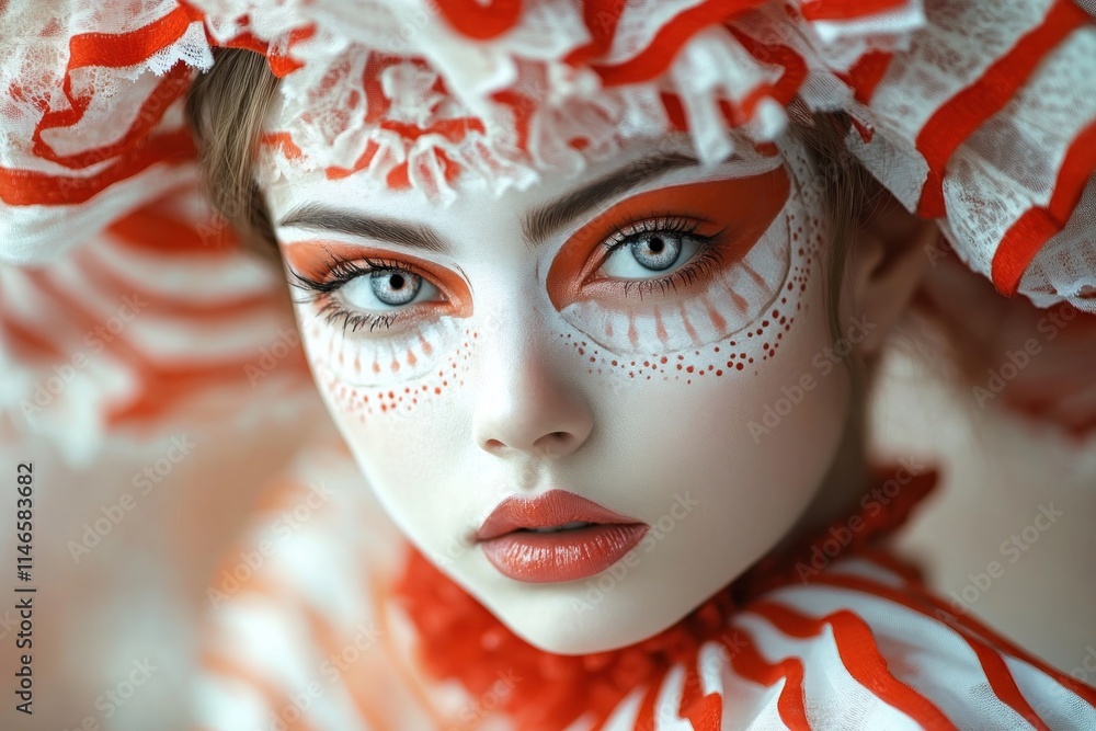 Poster explore avant-garde face painting techniques featuring asymmetrical patterns, unexpected textures, a