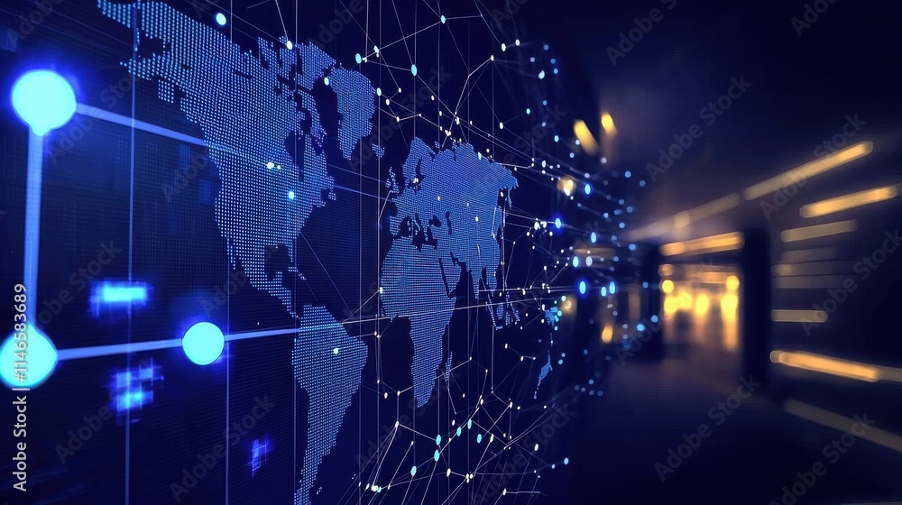 Poster hightech digital landscape mapping global connectivity virtual environment futuristic viewpoint tech