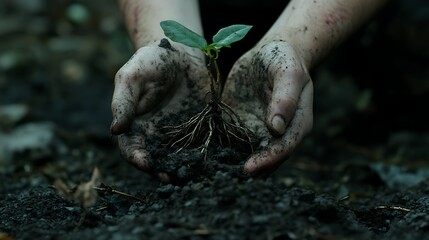 Close-up of a person’s hands holding a small sapling with its roots exposed, preparing to plant it in the ground 