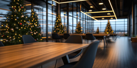 Fototapeta premium A modern office space decorated for Christmas, featuring beautifully lit trees and a warm, inviting atmosphere.