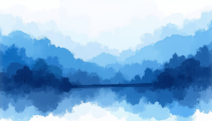Watercolor strokes in shades of blue, abstract expressionism, landscape, nature, serene 