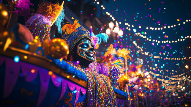 Mardi Gras parade float with a masked figure, colorful lights, and festive beads on a lively nighttime street in New Orleans