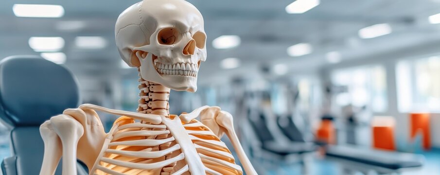 Explore effective patient rehabilitation exercises for posture correction within a clean and motivating physiotherapy session, using anatomical model Visualize musculoskeletal alignment through