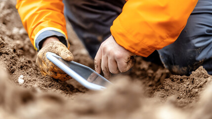 civil engineer testing soil quality with digital equipment in trench