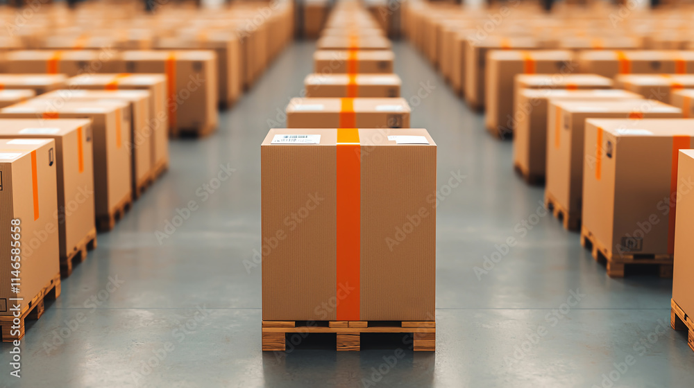 Poster efficient distribution center with neatly arranged cardboard boxes