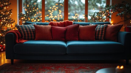Obraz premium Cozy living room with festive holiday decor and cushions