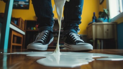 Obraz premium a person accidentally tipping over a milk carton, with a white stream flowing off the tableâ€™s edge onto their shoes. 