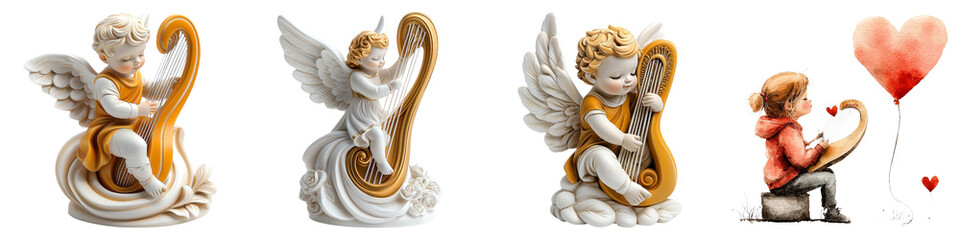 Fototapeta premium Cupid and Valentines concept. Four decorative figurines of angels playing harps, with a heart symbol in the background. on Transparent background.