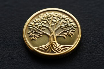 A golden coin featuring an intricately designed tree with roots and leaves.
