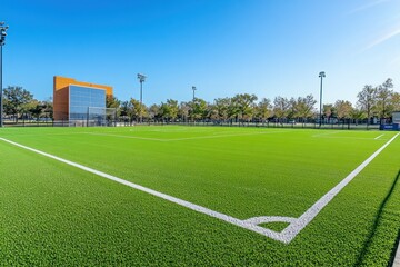 Expansive View of a Bright, Open Soccer Field Surrounded by Trees and Modern Architecture Under a Clear Blue Sky for Sports and Recreation Imagery