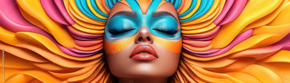 Poster explore this captivating image of surreal face painting with fragmented mirror-like patterns, reflec