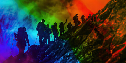 Fototapeta premium Mountaineers Ascending Peak at Sunset