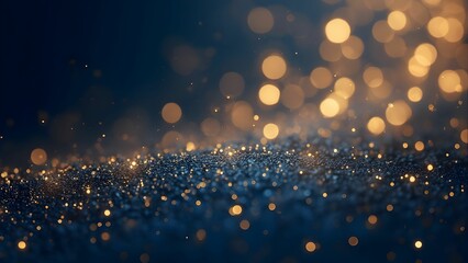 Abstract dark blue and gold particle background with golden light bokeh, shining particles on navy blue, gold foil texture, festive holiday concept