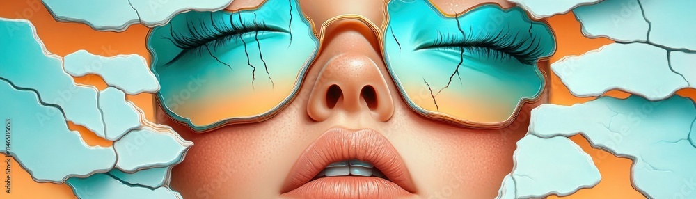 Poster explore this surreal face painting featuring fragmented mirror-like patterns, a reflective and abstr