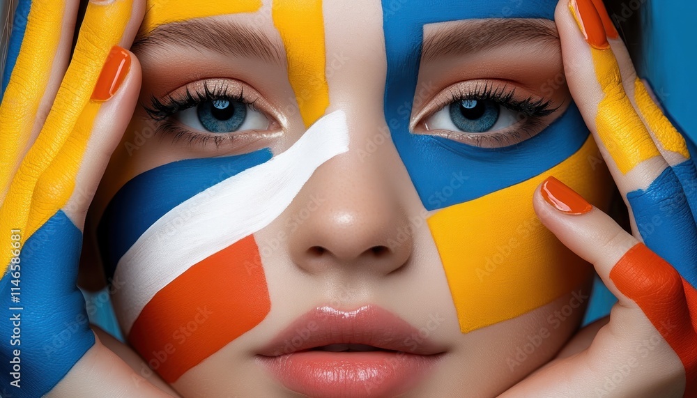 Poster explore vibrant artistic face painting with abstract expressionist patterns this modern art piece sh