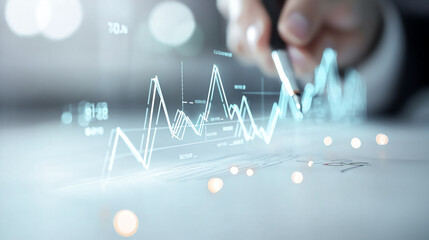 Business professional analyzing data trends with digital graphs and charts