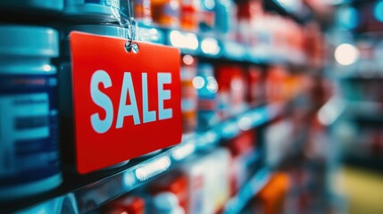 Sale promotion tag in drug store.