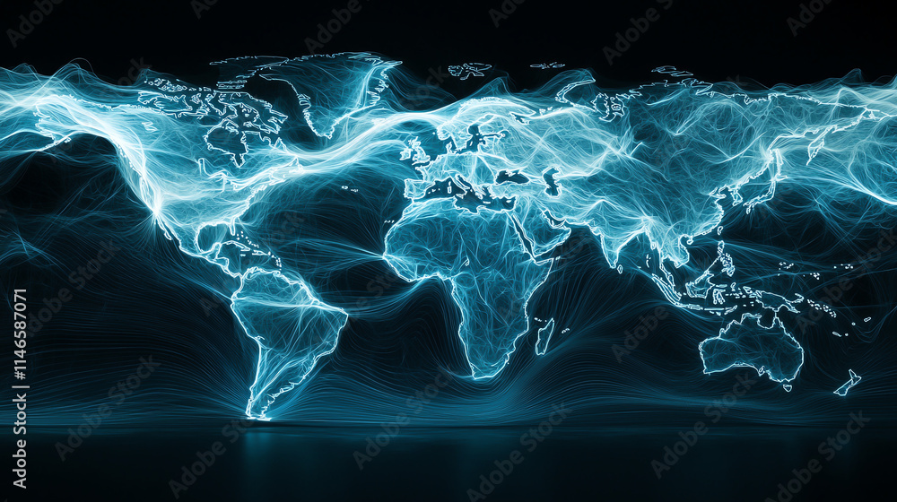 Poster world map with glowing blue lines representing global connections and data flow