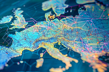 Fototapeta premium Abstract digital map showcasing connectivity across Western Europe