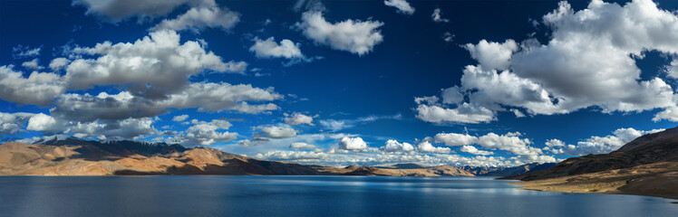 Panorama of Himalayan lake Tso Moriri in Himalayas on sunset, Korzok, Ladakh, India