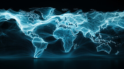 World map with glowing blue lines representing global connections and data flow