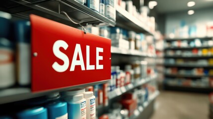 Sale promotion tag in drug store.