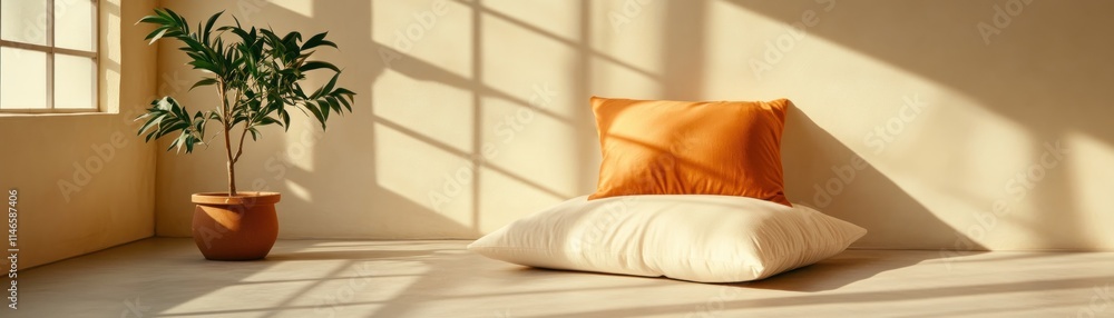Aufkleber sunlit studio scene with pillows and a plant architectural shadows create a geometric backdrop for a