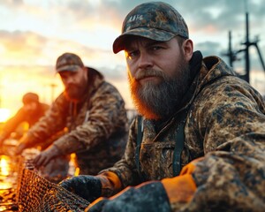 Fototapeta premium Skilled fishermen mending nets with precision and care by the docks, a timeless tradition of fishermen dock work captured in stunning visuals The concept of hard work and craftsmanship is evident in