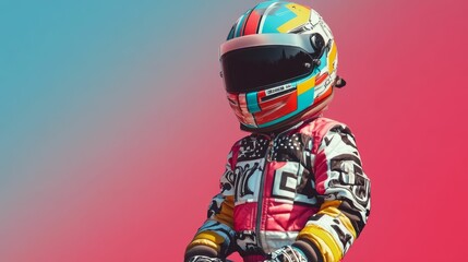 Child in colorful racing suit, helmet.