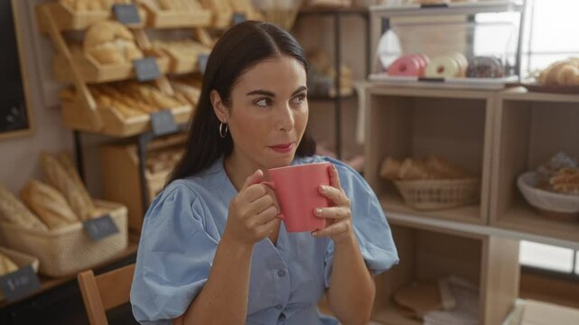 Woman drinking coffee in bakery shop surrounded by bread baskets and shelves showcasing pastries and baked goods
