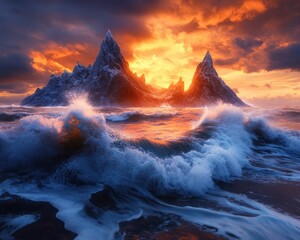 Fototapeta premium Witness the breathtaking seascape with rolling waves crashing against dramatic cliffs, bathed in golden light, capturing the spirit of freedom This stunning image showcases nature's raw power and