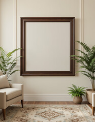Create an empty frame poster mockup in various living room settings, featuring different wall colors like deep blues, warm neutrals, or vibrant hues, with diverse frame styles such as sleek black.