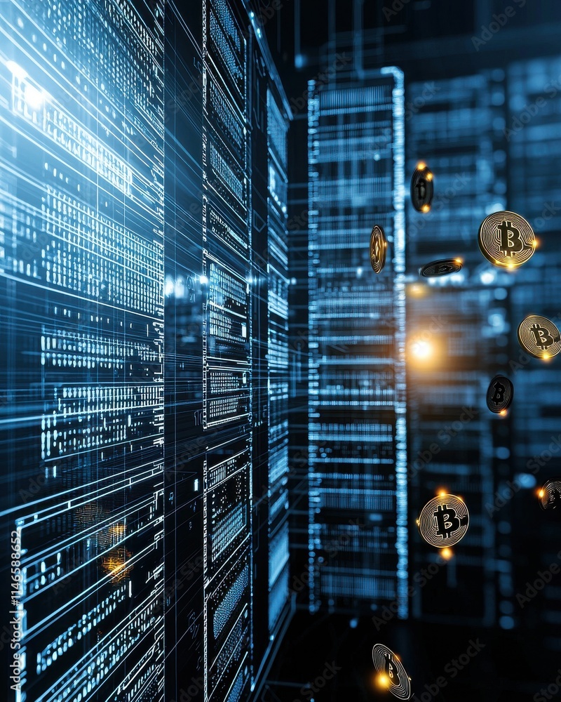 Poster futuristic crypto mining rig concept glowing in high-tech data center environment