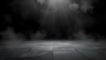 Abstract image of dark room concrete floor. Stage or Black room background for product placement. Panoramic view of the abstract fog. White cloudiness, mist or smog moves on black background.
