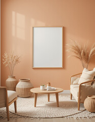 Create an empty frame poster mockup in various living room settings, featuring different wall colors like deep blues, warm neutrals, or vibrant hues, with diverse frame styles such as sleek black.