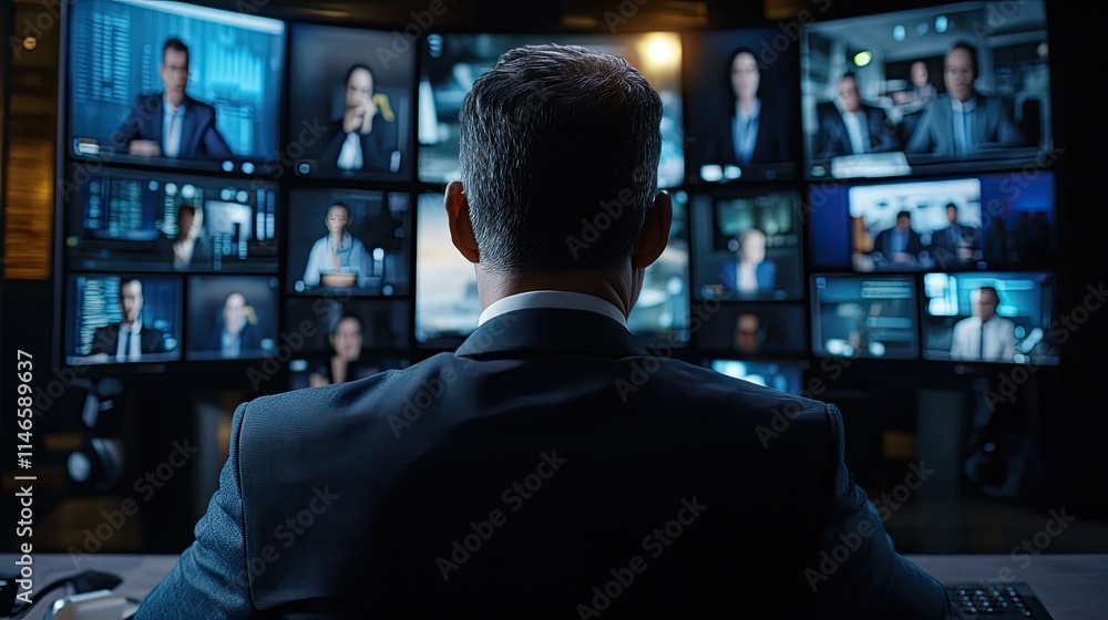 Poster man in suit monitors multiple video conference calls on large screens in a dark control room.