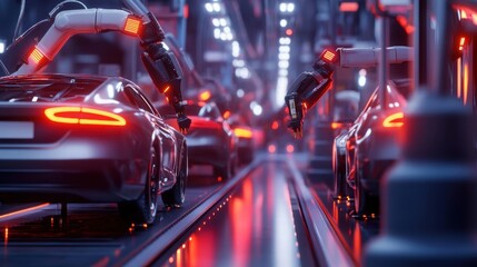 futuristic car assembly line with robotic arms