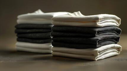 Stack of neatly folded black and white T-shirts isolated on a clean white background. Includes a clipping path for easy isolation, perfect for apparel design, e-commerce, or branding mockups