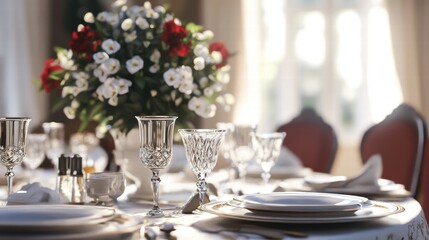 elegant table setting with crystal glasses and flowers