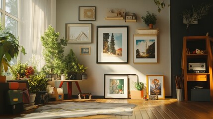 sunlit living room with plants and artwork